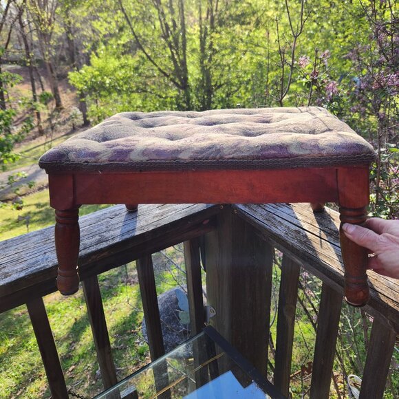 Vintage Wooden Footstool With Floral Tapestry Cushion French country Cottage cor - Picture 8 of 11